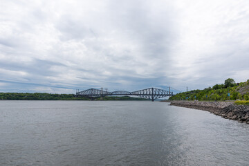 The two Quebec city bridge (Quebec bridge and Pierre-Laporte bridge) view from the north shore of the St Lawrence river in the district of Cap-Blanc Sillery