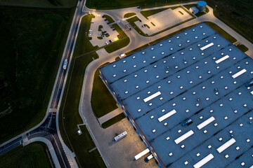 Night Aerial view of goods warehouse. Logistics center in indust