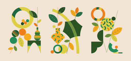 balance game. set of 3 vector illustrations with floral and geometric shapes. 3 abstract and minimal