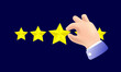 © Knut - Five star review - Hand placing stars on dark background. Positive feedback and rating concept. Vector illustration