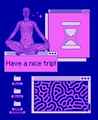 Abstract retrofuturistic collage with user interface elements looking like a program or a computer game. Vaporwave style aesthetics.