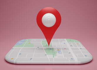 Wall Mural - GPS. navigator pin checking  with map on pink background. Location pin, location map, location icon. 3d rendering illustration.