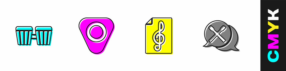 Set Drum, Guitar pick, Treble clef and sticks icon. Vector