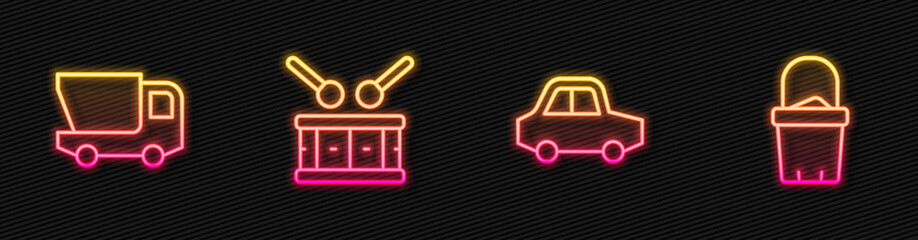 Set line Toy car, truck, Drum with drum sticks and Sand in bucket. Glowing neon icon. Vector