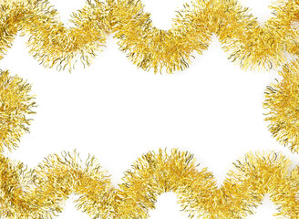 Frame made of shiny golden tinsels on white background, top view. Space for text