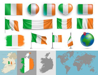 Wall Mural - ireland flags of various shapes and geographic map set. irish realistic flags, glossy buttons in pat