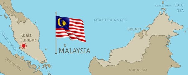 Wall Mural - highly detailed map of malaysia with national flag. editable malaysian gray map with region borders,