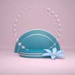 Podium for objects made of discs and hoops on a pink background. Round pearl frame. Flower in cartoon style. 3d illustration