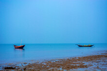 Indian Native Rustic Wooden Fishing Boats In Bay Of Bengal To Capture Fish.