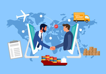 online business global trading with express international shipping vector. package, airplane, delive