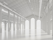 Empty White Waerhouse Interior With Arch Shape Window 3d Render
