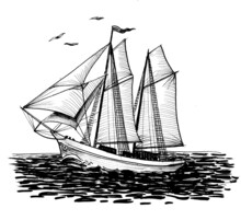 Sailing Ship In The Sea. Ink Black And White Drawing
