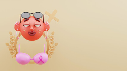 Sticker - 3D Illustration Of Cartoon Bald Woman Face With Female Gender Sign, Pink Awareness Ribbon On Brassiere And Copy Space.