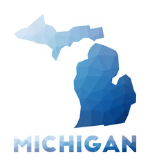 Sticker - Low poly map of Michigan. Geometric illustration of the us state. Michigan polygonal map. Technology, internet, network concept. Vector illustration.