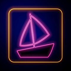 Wall Mural - Glowing neon Yacht sailboat or sailing ship icon isolated on black background. Sail boat marine cruise travel. Vector