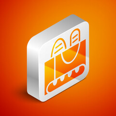 Sticker - Isometric French baguette bread icon isolated on orange background. Silver square button. Vector