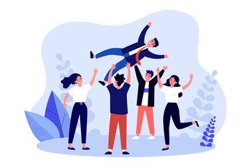 Wall Mural - Team of happy colleagues tossing up in air winner businessman. People celebrating victory flat vector illustration. Achievement, success concept for banner, website design or landing web page