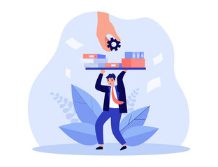 Wall Mural - tiny businessman holding burden with heavy documents. hand of office manager adding paperwork flat v