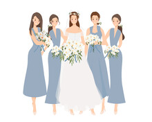 Beautiful Happy Bride And Bridesmaid In Blue Gown Wedding Ceremony