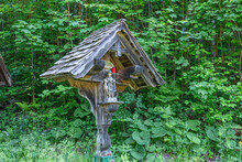 Old Weatherd Wooden Wayside Shrine Along The Study Trail Hochmoor Leckermoos In Lower Austria