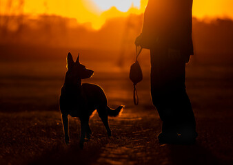 Crop man with dog toy and belgian shepherd malinois dog on the sunset background