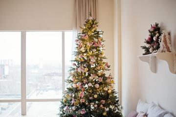 Christmas interior bedroom with lights