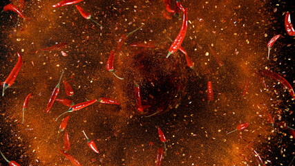 Freeze Motion Shot of Rotating Red Peppers. Top shot.