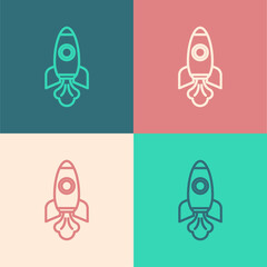 Poster - Pop art line Rocket ship icon isolated on color background. Space travel. Vector