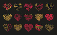 Vector Set Of Abstract Heart Shaped Backgrounds. Modern Trendy Valentines Day Illustration. Patterns Of Hand Drawn Curves, Lines. Doodle Icons Set For Social Networks, Posters, Design Templates