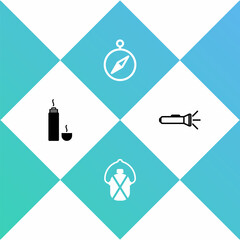 Canvas Print - Set Thermos container, Canteen water bottle, Compass and Flashlight icon. Vector