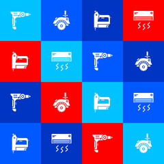 Sticker - Set Electric drill machine, circular saw, construction stapler and Air conditioner icon. Vector