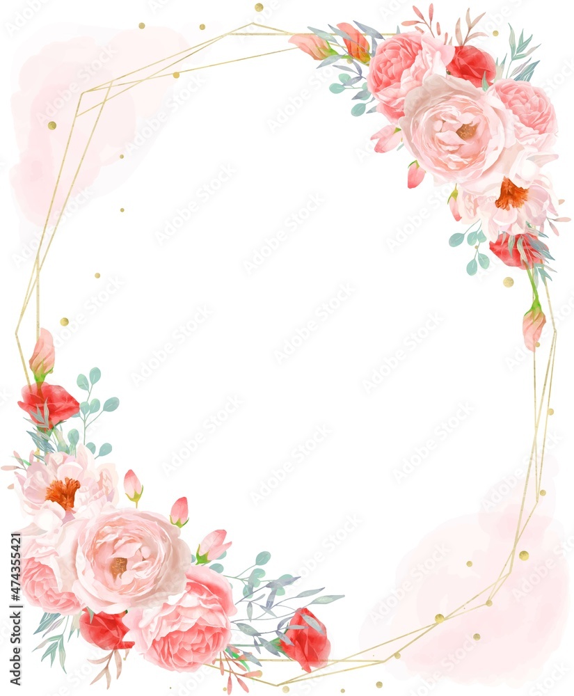 バラのはり絵 縦長デザイン ゴールドフレーム 薔薇と紅葉のフレームのイラスト素材 [FYI04902702] | ストック