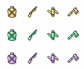 Sticker - Set line Swiss army knife, Canteen water bottle, Hunting gun and Wooden axe icon. Vector