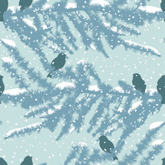 Wall Mural - Seamless background of silhouettes birds sitting on fir branches on snowy frosty winter day