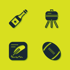 Sticker - Set Champagne bottle, American Football ball, Declaration of independence and Barbecue grill icon. Vector