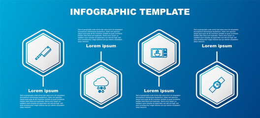 Sticker - Set line Meat chopper, Cloud with snow and rain, Microwave oven and Wrist watch. Business infographic template. Vector