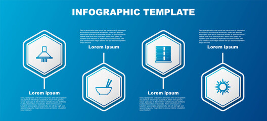 Sticker - Set line Kitchen extractor fan, Bowl with chopsticks, Server, Data, Web Hosting and Sun. Business infographic template. Vector