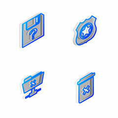 Sticker - Set Isometric line Police badge, Unknown document, FTP cancel operation and Trash icon. Vector