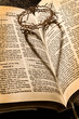 Conceptual image of a crown of thorns casting a heart shaped shadow on a page. 