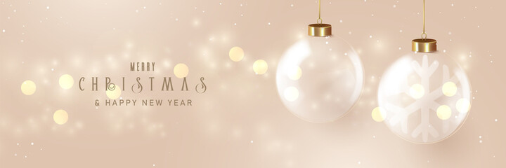 Poster - 3d Transparent Christmas balls ornaments hanging with Bokeh light background. Xmas background. Banner, posters, cards, headers, website