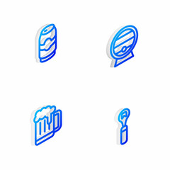 Wall Mural - Set Isometric line Wooden barrel on rack, Beer can, beer mug and Bottle opener icon. Vector