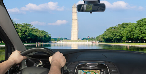 Wall Mural - Driving a car towards Washington Monument, Washington DC, USA