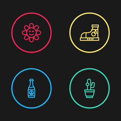 Sticker - Set line Beer bottle, Cactus, Sneakers and Flower icon. Vector