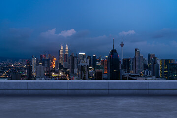 Panoramic Kuala Lumpur skyline view, concrete observatory deck on rooftop, night. Asian corporate and residential lifestyle. Financial city downtown, real estate. Product display mockup empty roof