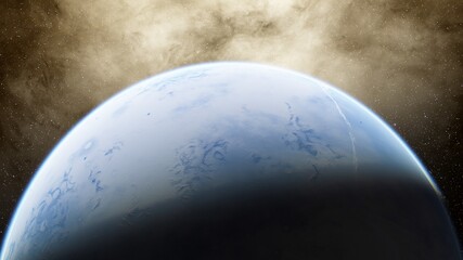 Planets of deep space in light of red and blue stars. Science fiction 3d illustration