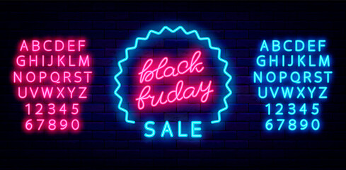 Wall Mural - Black friday sale neon lettering in frame. Luminous label and alphabet. Template for sale. Isolated vector illustration