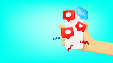 Aufkleber - Man receiving massages via smart phone. 3d vector banner with copy space