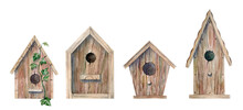 Watercolor Set Of Wooden Birdhouses