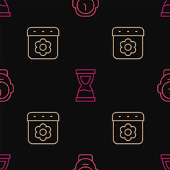 Poster - Set line Clock, Calendar spring and Old hourglass on seamless pattern. Vector