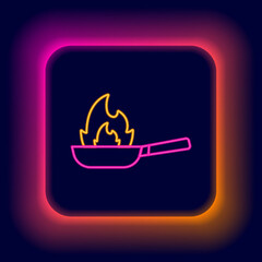 Poster - Glowing neon line Pan with fire icon isolated on black background. Colorful outline concept. Vector